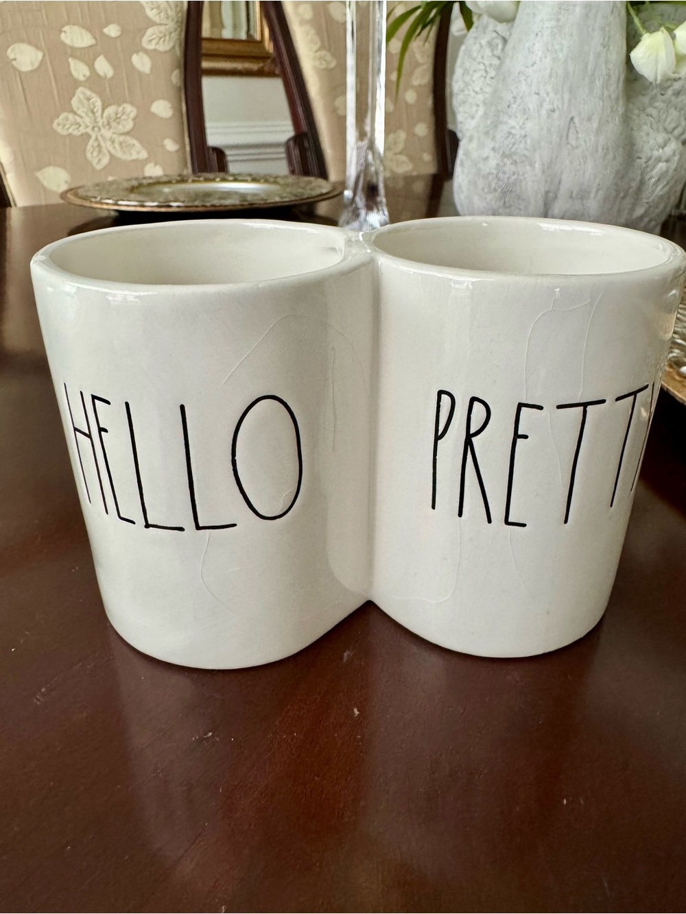 Rae Dunn White Ceramic Double Mug "HELLO / PRETTY"